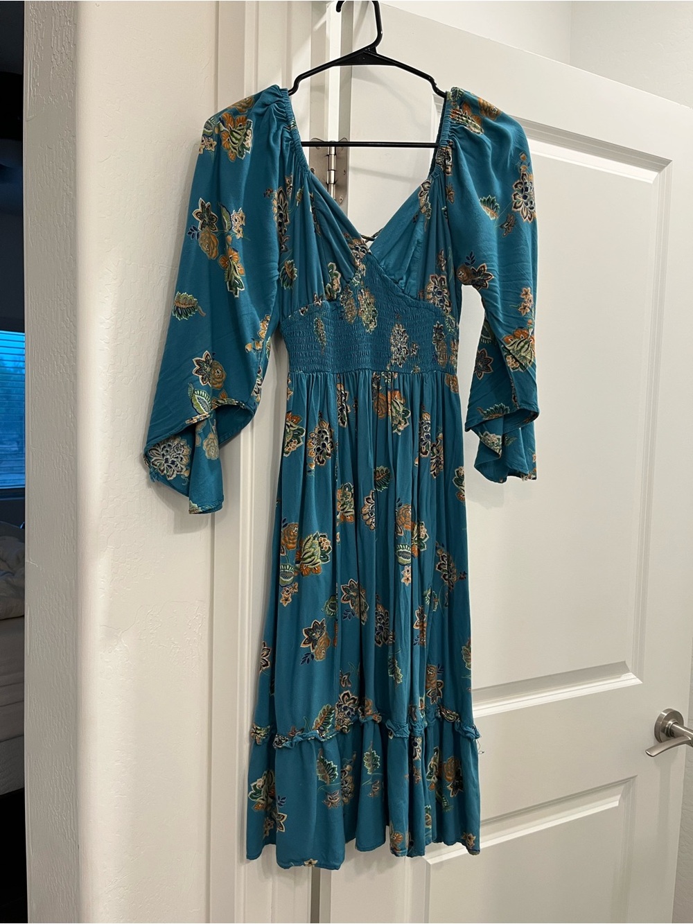 Angie Teal Floral Midi Dress with Smocked Waist